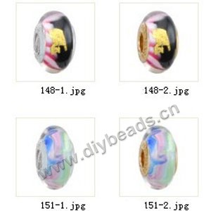 Bead,big-hole beads ,lampworked glass with silver-finished brass grommets,mixed colors and designs,6x12mm-8x14mm rondelle ,4mm spiral hole,sold per pkg of 10ps