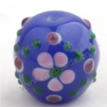 Bead, lampworked glass,purple with flower, 18x18mm round.mini order 50pc 