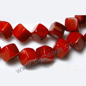 Bead, red coral (imitation), 7mm dice. Sold per 15-inch strand.